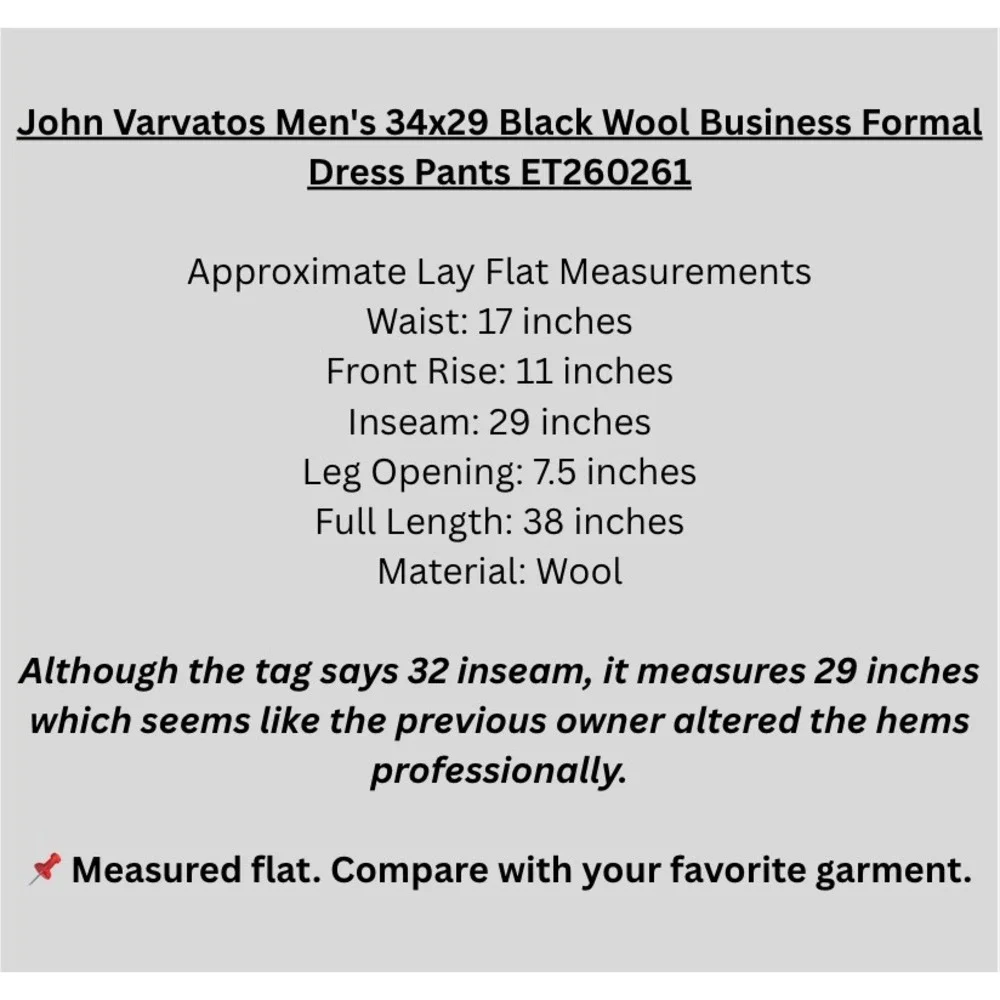 John Varvatos Men's Size 34 Black Wool Business Formal Dress Pants - Picture 7 of 8